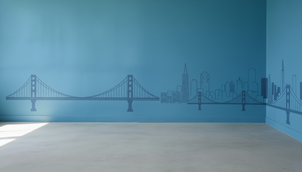 An empty room with a silhouette of the city of San Francisco skyline on the wall