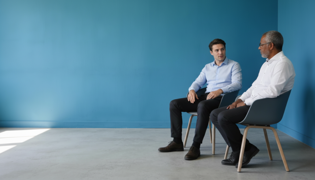 Two men, sitting on chairs, inside a simple room and talking to each other.